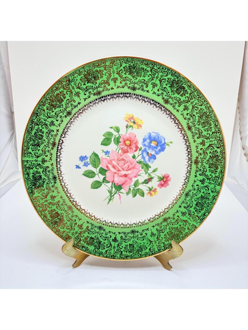 Vintage Salem Imperial 23K Gold Floral Dinner Plate 10.5” Green Made in USA